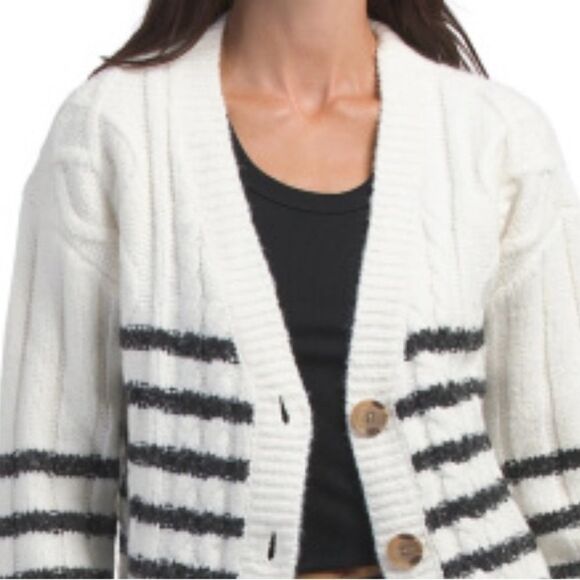 Lucky Brand L-XL White Black Stripe Cable Knit Button Front Wool Blend Cardigan - Picture 3 of 16
